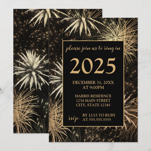 Goldene Feuerwerke Silvester Party Einladung (Vorne/Hinten)