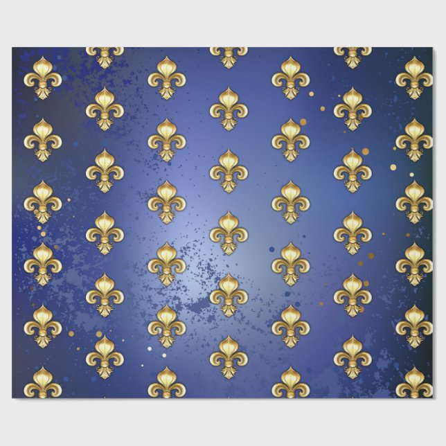 Goldene Fleur de Lis auf Blau Geschenkpapier (Flach)