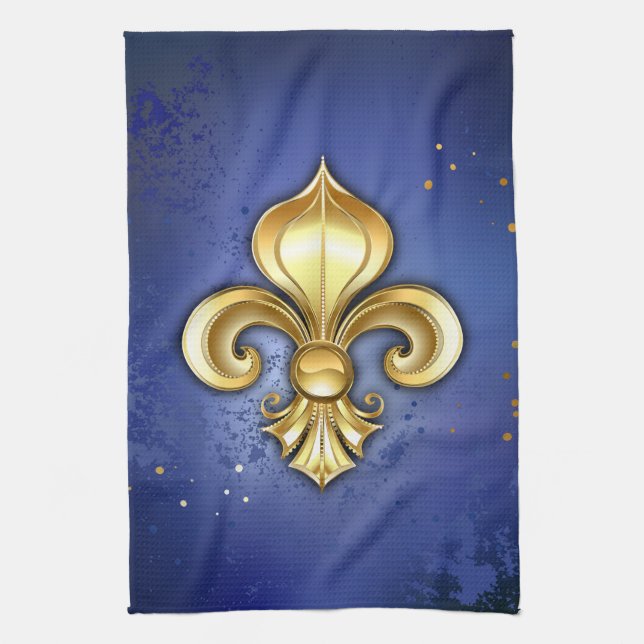 Goldene Fleur de Lis auf Blau Geschirrtuch (Vertikal)