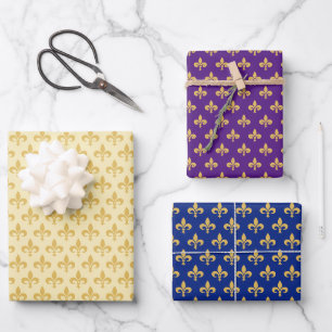 Goldene Fleur de Lis auf Blau, Gold & Lila Geschenkpapier Set