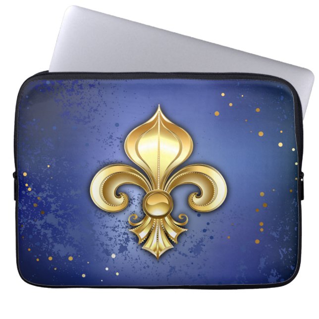 Goldene Fleur de Lis auf Blau Laptopschutzhülle (Vorderseite)