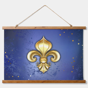 Goldene Fleur de Lis auf Blau Wandteppich Mit Holzrahmen