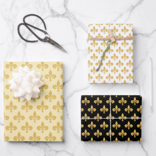 Goldene Fleur de Lis auf Schwarz  Gold & Weiß Geschenkpapier Set