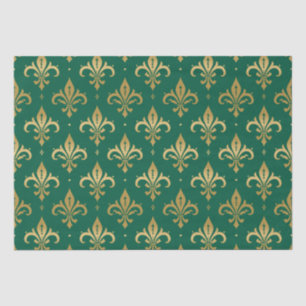 Goldene Fleur-de-Lis-Muster nahtlos auf grünem Hin Seidenpapier