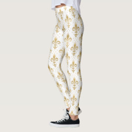Goldene Fleur-de-lis-Nahtlosmuster auf Weiß Leggings