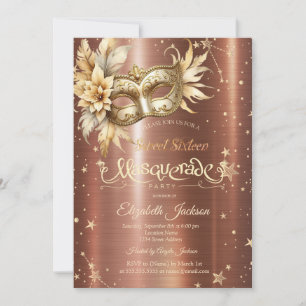 Goldene Floral-Maske Sterne Braunes Metallic Sweet Einladung