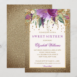 Goldene florale funkelnde Amethyst Sweet Sixteen Einladung
