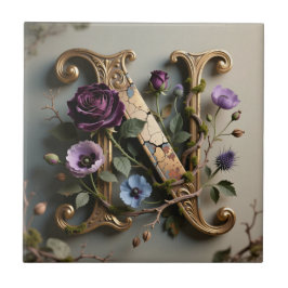 Goldene florale Patina-Initiale N Fliese