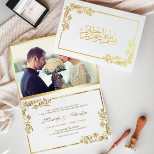 Goldene Florale Weiße Foto Muslimische Hochzeit Folienkarte