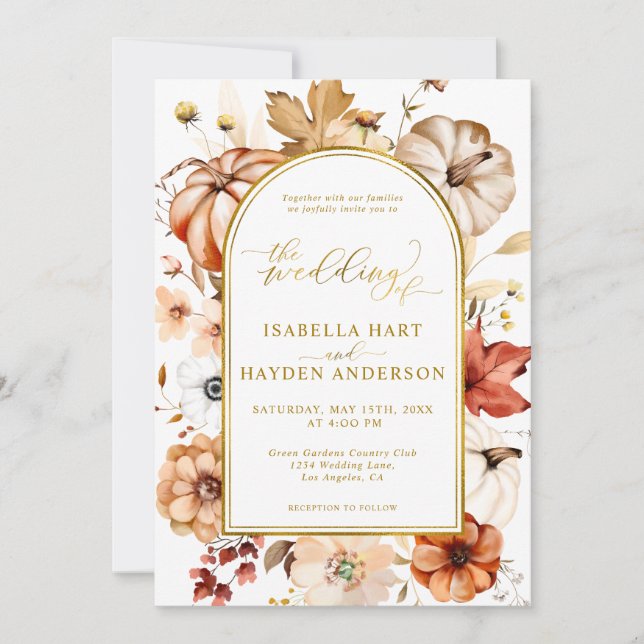 Goldene Foil Arch Fall Blumenkürbis Hochzeit Einladung (Vorderseite)