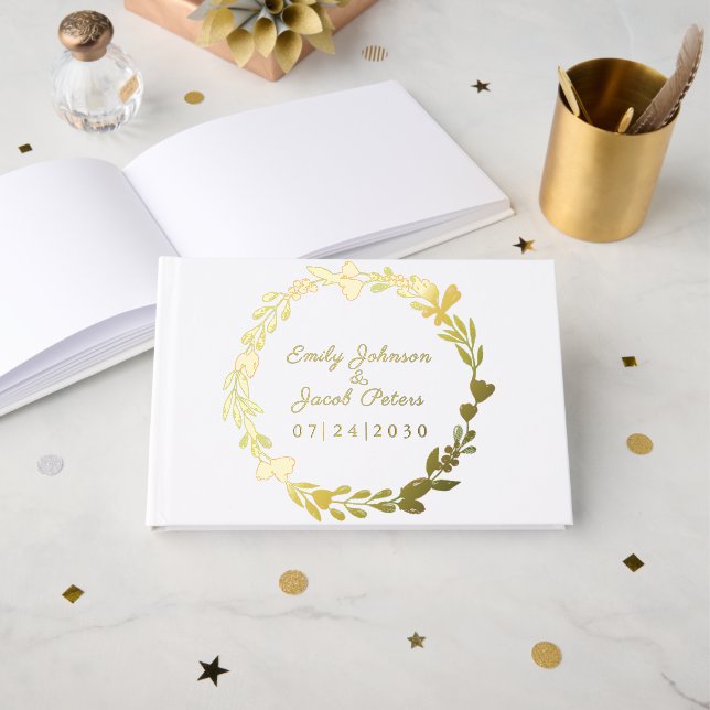 Goldene Foil Blume Wreath Gästebuch (Vorderseite Offen)