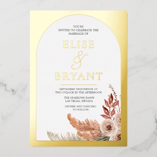 Goldene Foil Boho Blumen Moderne weiße Hochzeitsfo Folieneinladung (Vorderseite)