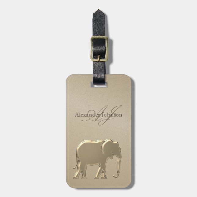 Goldene Foil Elephant Mit Monogramm Sandstein Gepäckanhänger (Vorderseite vertikal)