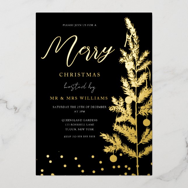 Goldene Foil Frohe Weihnachtszeit Party Tree Golde Folieneinladung (Vorderseite)