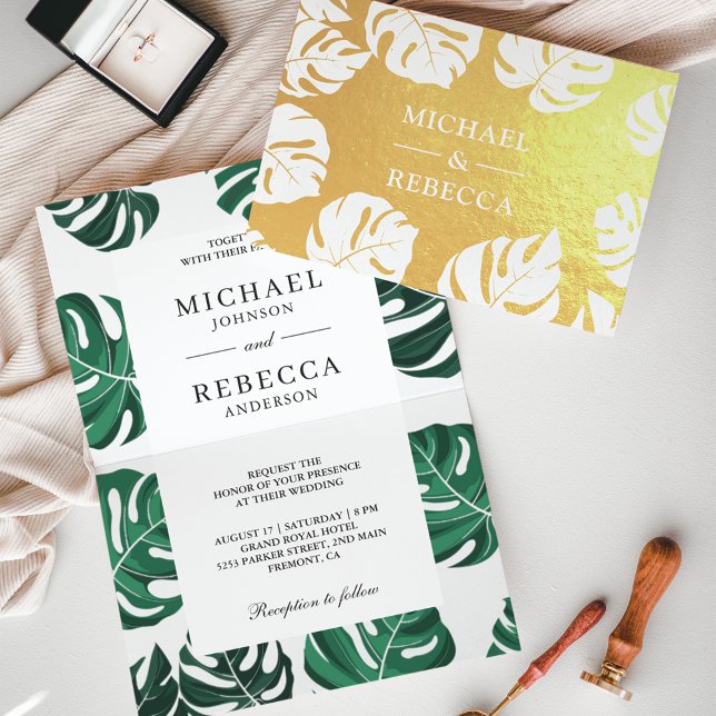 Goldene Foil Tropical Monstera Hochzeit Einladung (Von Creator hochgeladen)