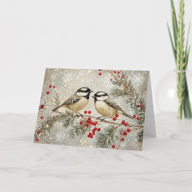 Goldene Foil und Glitzer Chickadee mit Schnee Karte (Vorderseite)
