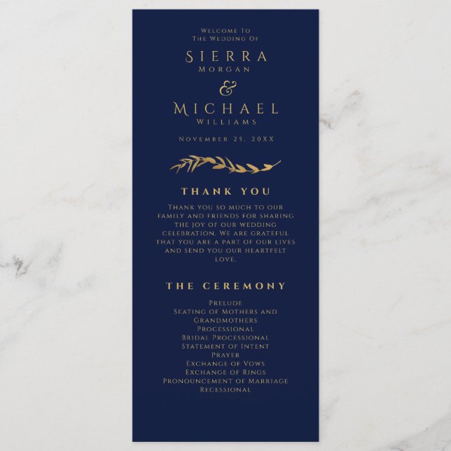 Goldene Foliage | Elegante Blue Gold Wedding Programm (Vorderseite)