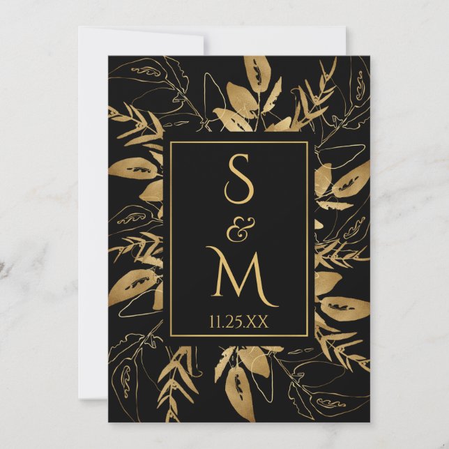 Goldene Foliage | Elegante Gold Black Wedding Einladung (Vorderseite)