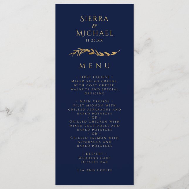 Goldene Foliage | Elegante Gold Navy Blue Wedding Menükarte (Vorderseite)