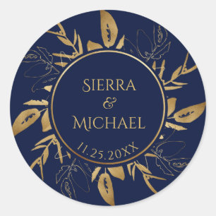 Goldene Foliage   Elegante Gold Navy Blue Wedding Runder Aufkleber