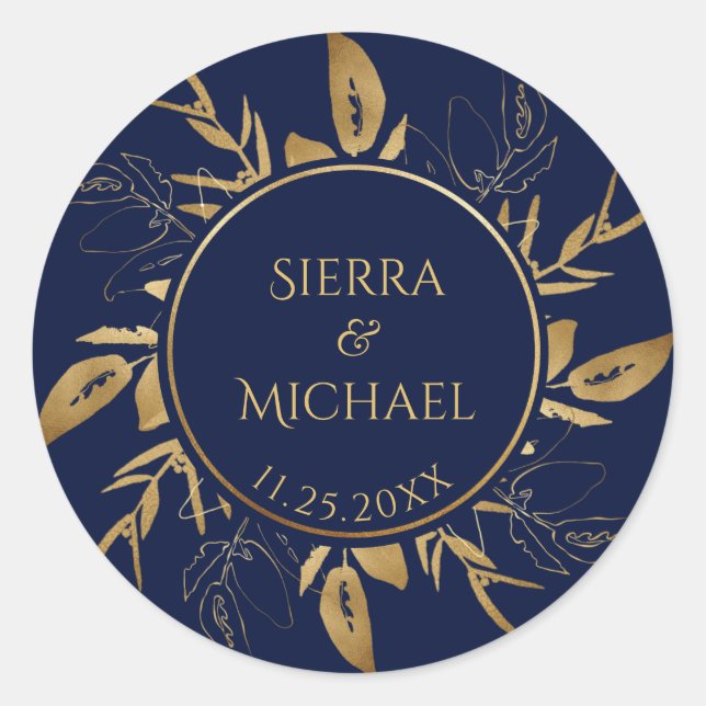 Goldene Foliage | Elegante Gold Navy Blue Wedding Runder Aufkleber (Vorderseite)