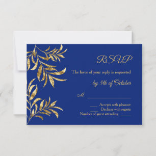 Goldene Folie Blätter auf blauem Hochzeitstich RSVP Karte