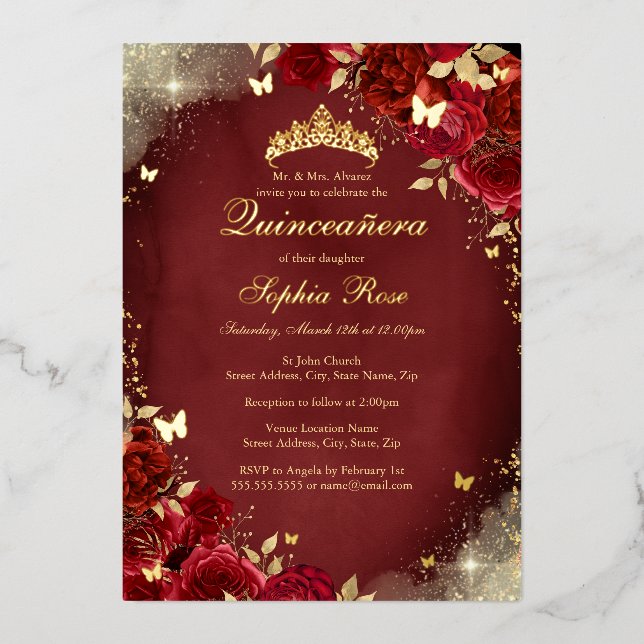 Goldene Forelle Royal Red Butterfly Floral Quincea Folieneinladung (Vorderseite)