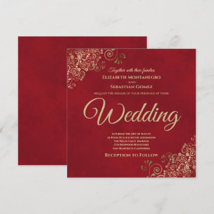 Goldene Frills auf Crimson Red Elegant Square Wedd Einladung