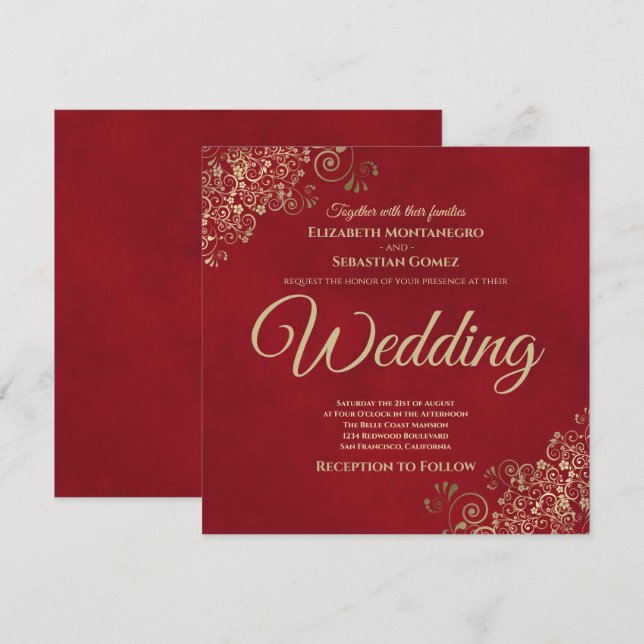 Goldene Frills auf Crimson Red Elegant Square Wedd Einladung (Vorne/Hinten)