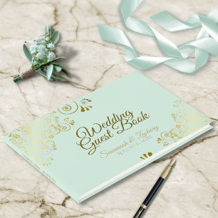 Goldene Frills auf Neo Mint Green Elegant Wedding Gästebuch