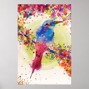 Goldene Frühlingsvogel-Blüten-Wasserfarbe Poster
