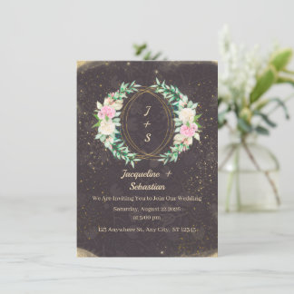 Goldene funkelnde Blumenkranz-Hochzeit Einladung
