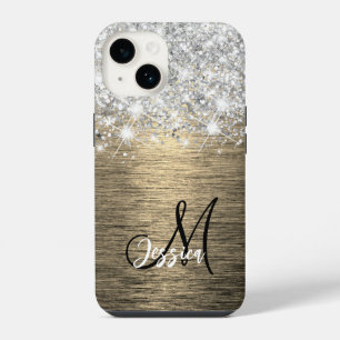 Goldene gebürstete Metall Silber Glitter Monogramm iPhone 14 Hülle