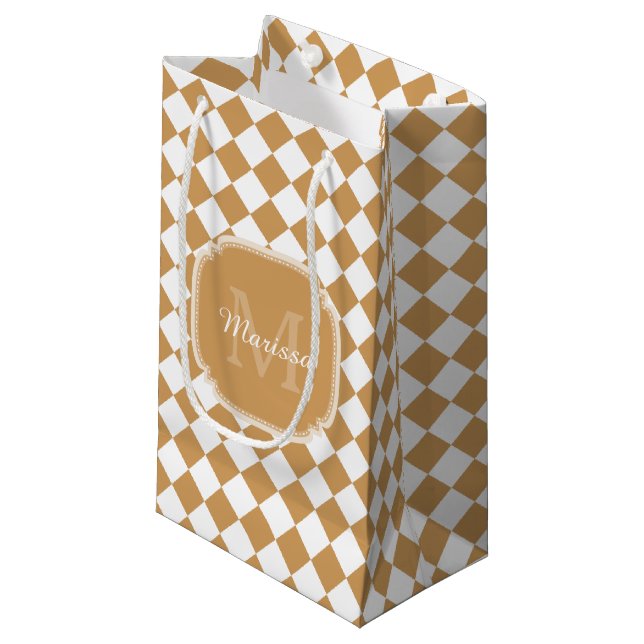 Goldene gelbe geprüfte Monogramm mit Name Kleine Geschenktüte (Vorderseite Schrägansicht)