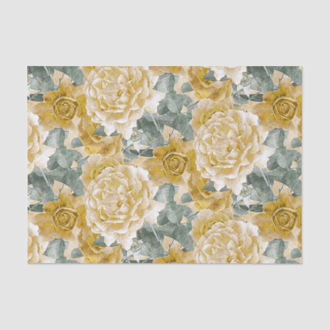 Goldene gelbe Rosen-Blumenmuster Seidenpapier (Vorderseite)