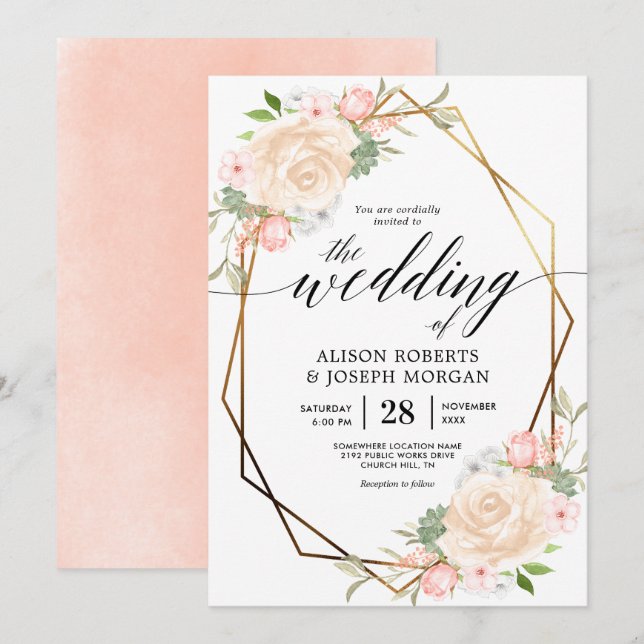 Goldene geometrische Bilderhochzeit in Peach Wasse Einladung (Vorne/Hinten)