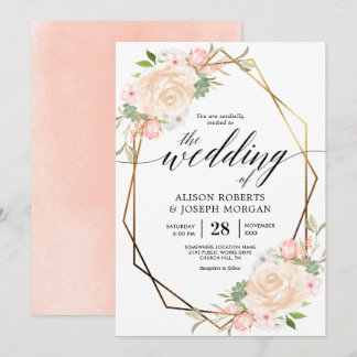 Goldene geometrische Bilderhochzeit in Peach Wasse Einladung