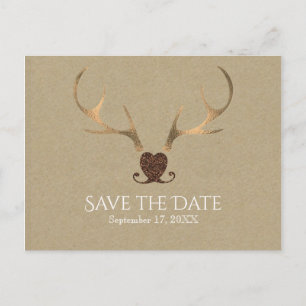 Goldene Geweihe & braunes Papier Save The Date Ankündigungspostkarte