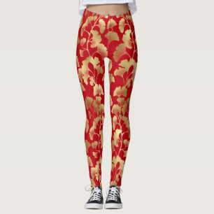 Goldene Ginkgoblätter auf Rot Elegante Botanik (5) Leggings