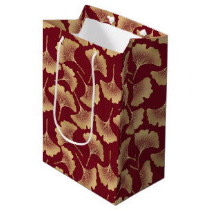 Goldene Ginkgoblätter auf Rot Elegante Botanik (6) Mittlere Geschenktüte