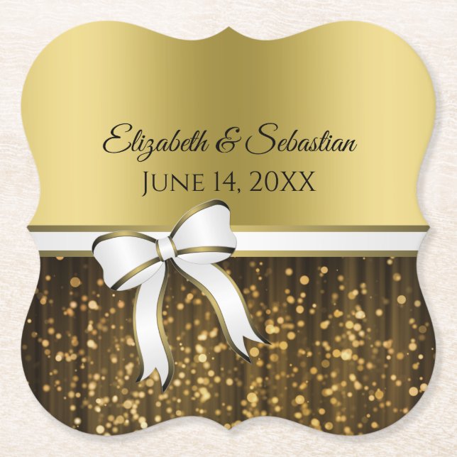Goldene Glam Glitzern & White Ribbon Elegante Hoch Untersetzer (Vorderseite)