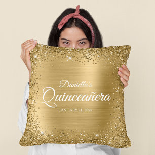 Goldene Glitter-Rahmen und Folie Quinceañera Kissen