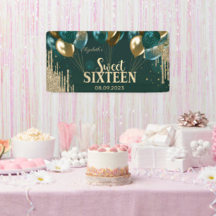 Goldene Glitter-Tropfen Ballons Grün Sweet 16 Banner