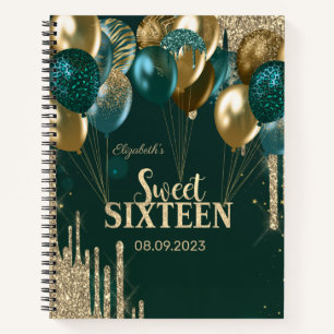 Goldene Glitter-Tropfen Ballons Grün Sweet 16 Notizbuch