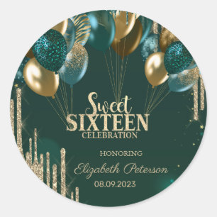 Goldene Glitter-Tropfen Ballons Grün Sweet 16 Runder Aufkleber