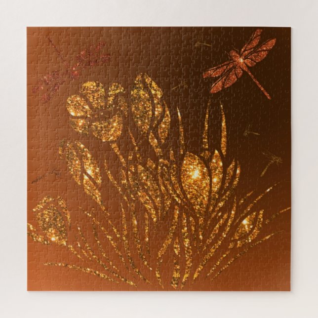Goldene Glitzer Blume und Libellen (Vertikal)