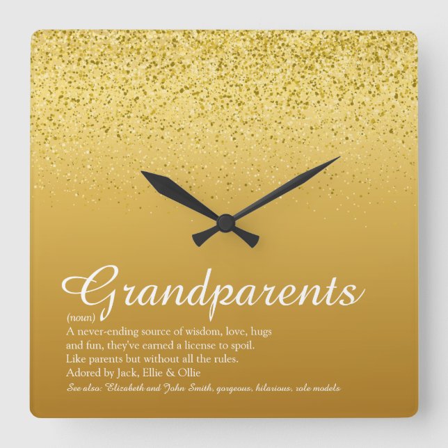 Goldene Glitzer Großeltern - Definition Quadratische Wanduhr (Vorderseite)