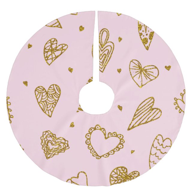 Goldene Glitzer-Herzen: rosa Hintergrundmuster Polyester Weihnachtsbaumdecke (Vorderseite)