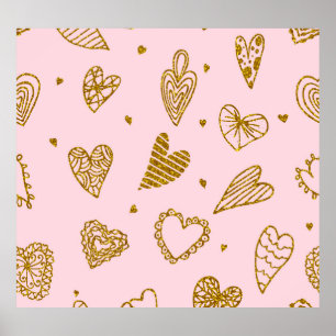 Goldene Glitzer-Herzen: rosa Hintergrundmuster Poster