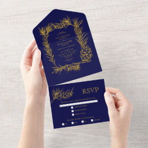 Goldene Glitzer-Kiefernwand Blaue Winterhochzeit All In One Einladung